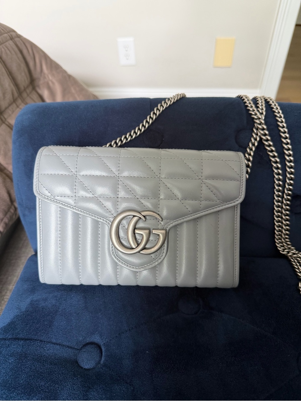 Gucci Gray Quilted Marmont Chevron Chain Crossbody Bag